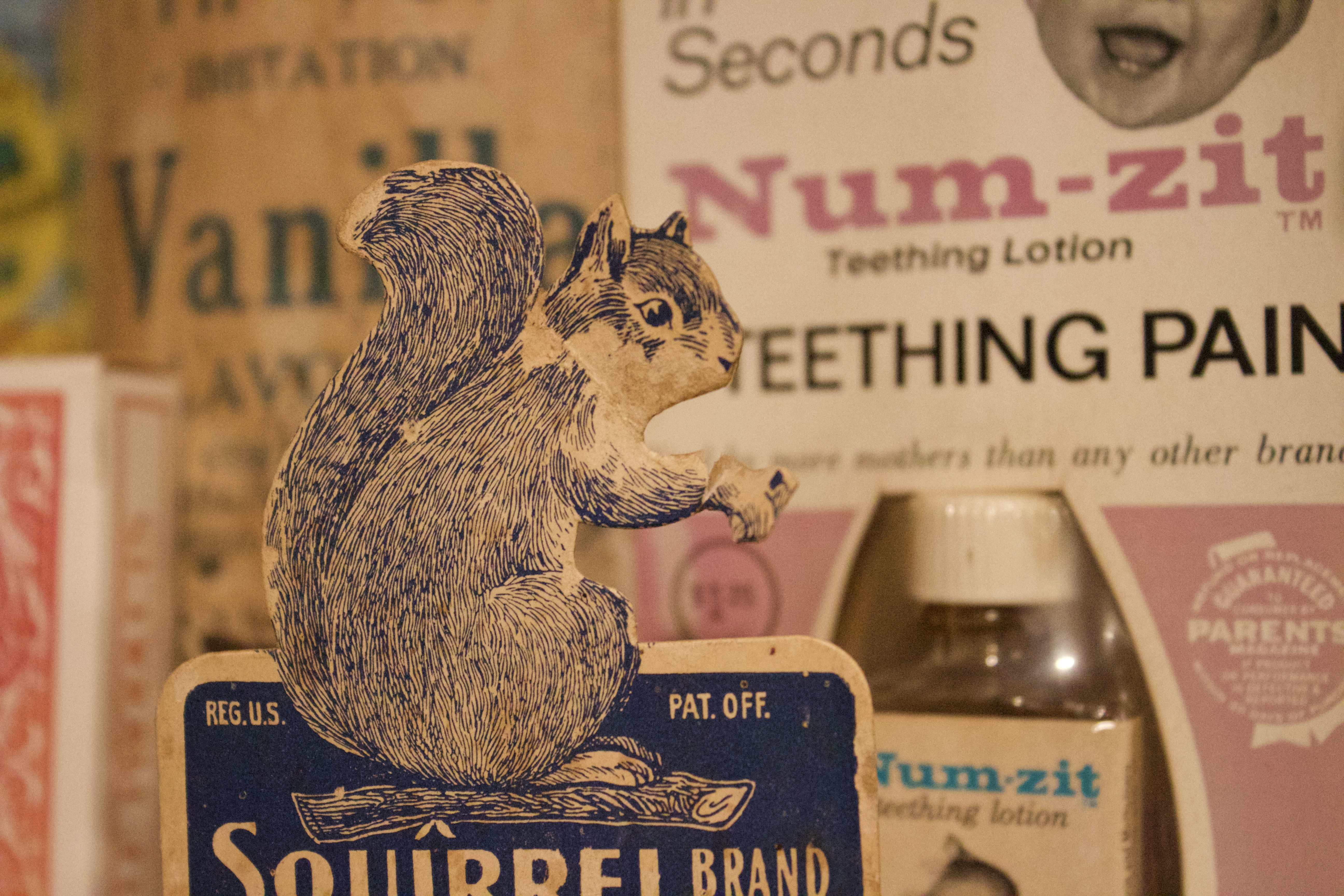 Vintage product card detail inside the Tom Hunley General Store exhibit